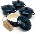 Kook Ceramic Mini Cocotte Set, Small Casserole Dishes with Lids and Handles, Individual Baking Ramekins, Oven safe 350F, Microwave & Dishwasher Safe, Stoneware, 12 oz, Set of 4, (Navy)