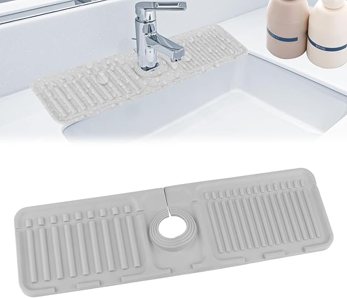 2 Pcs 40x12 cm Silicone Faucet Mats for 3.5-6cm Faucets Handle Drip Catcher Tray Faucet Sink Splash Guard Drying Mat for Kitchen Bathroom Counter Drying Pad Faucet Draining Pad (Grey)