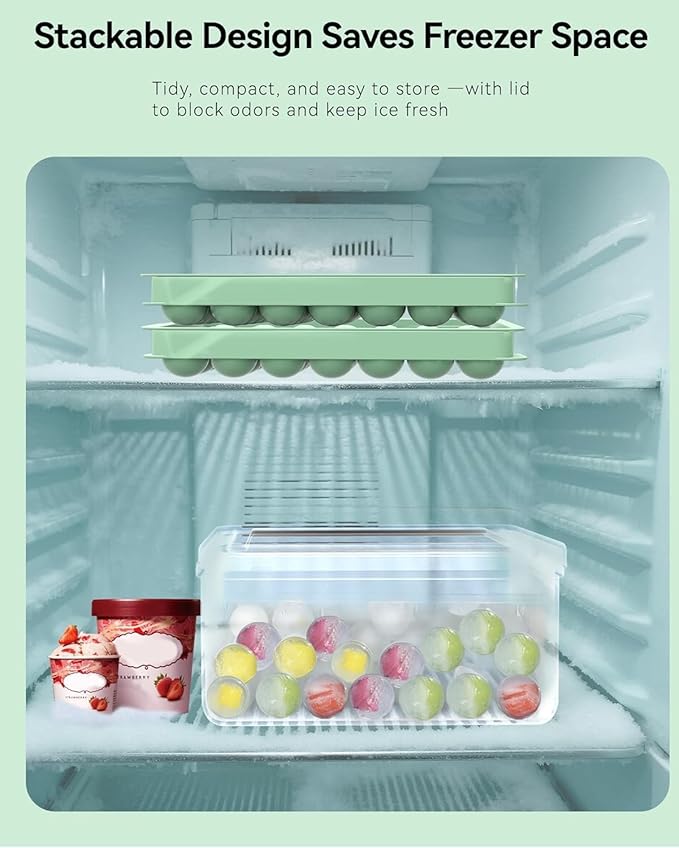 Round Ice Cube Trays with Lid and Bin - 1.0 Inch Small Sphere Ice Ball Maker for Freezer, Makes 70 Ice Balls, Stackable Ice Mold for Cocktails, Whiskey, Coffee & Drinks, BPA-Free Ice Trays for Freezer