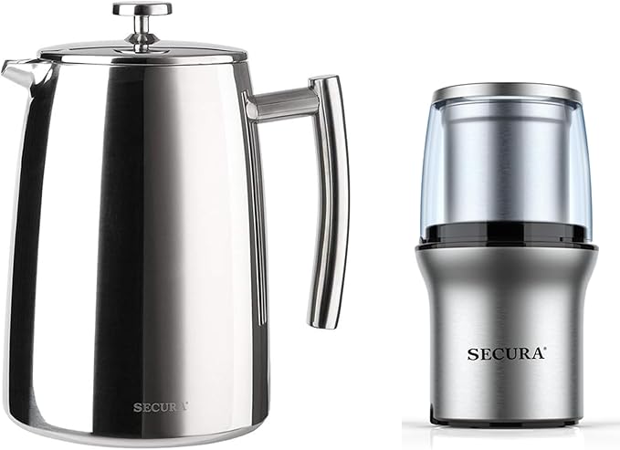 Secura Electric Coffee Grinder with 2 Removable Bowls and French Press 50-Ounce, Stainless Steel Coffee Press