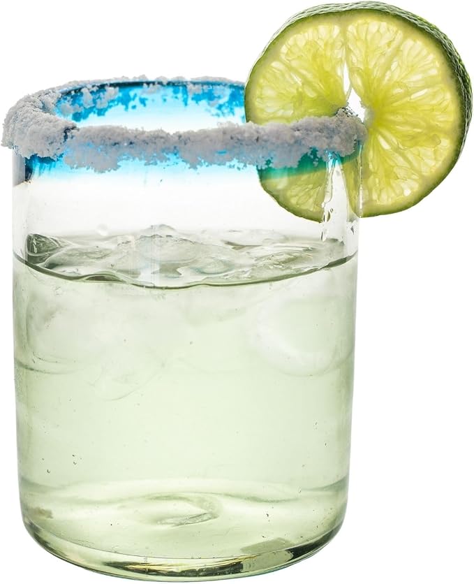Aqua Blue Rim Hand Blown Tumbler Glasses Set of 6 | 10 oz Mexican Glassware | Recycled Glass | Hand Blown Mexican Drinking Glasses for Cocktails, Wine & Tequila