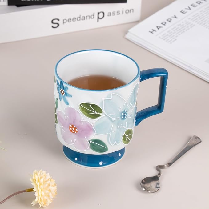 KAMMAK Ceramic Blue Coffee Mug, 15oz Large Mugs Set of 2, Novelty Cup for Tea, Juice, Milk, Cute Porcelain Water Cups with Handle for Women, Dishwasher and Microwave Safe