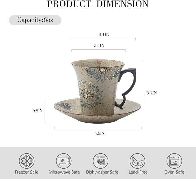 Handmade Sunflower Espresso Cups, Vintage Ceramic Coffee Mug with Saucer, Novelty Tea Cup Set of 1, Dishwasher & Microwave Safe Demitasse for Coffee, Latte, Americano, Tea, 6 oz