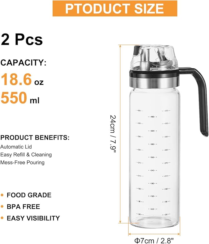 uxcell 2Pcs Oil and Vinegar Dispenser Set, 18.6oz/550ml Glass Oil Bottle with No Drip Spout, Glass Oil Dispenser with Scale for Kitchen Cooking