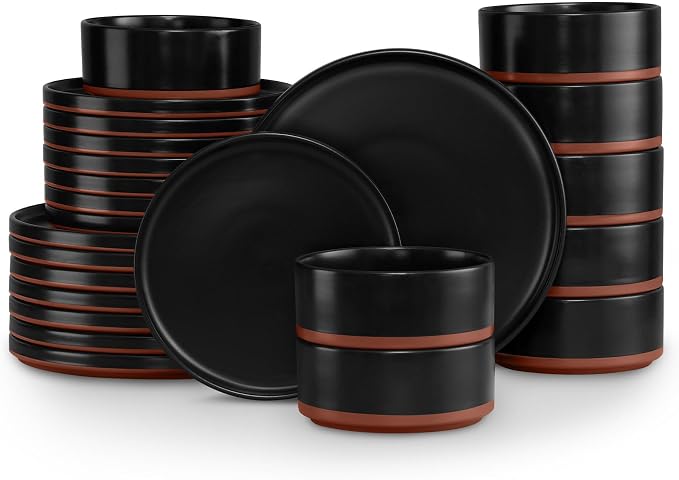 LIANYU 24 Piece Dinnerware Sets for 8, Modern Style Stoneware Dinnerware Set, Scratch Resistant, Dishwasher Safe Bowl and Plate Sets, Ceramic Dish Dinner Set, Charcoal Black