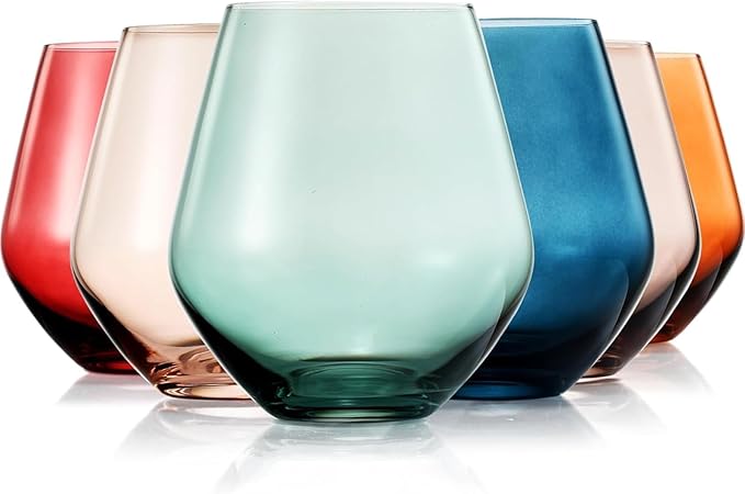Beautiful Colored Wine Glasses | Set of 6 | Crystal, Large 16oz - Stemless Goblet Drinking Cups, Luxury Multi Color Glassware Gift Set - Her, Wife, Mom Friend - Colorful Drinkware Water, Wine Cocktail