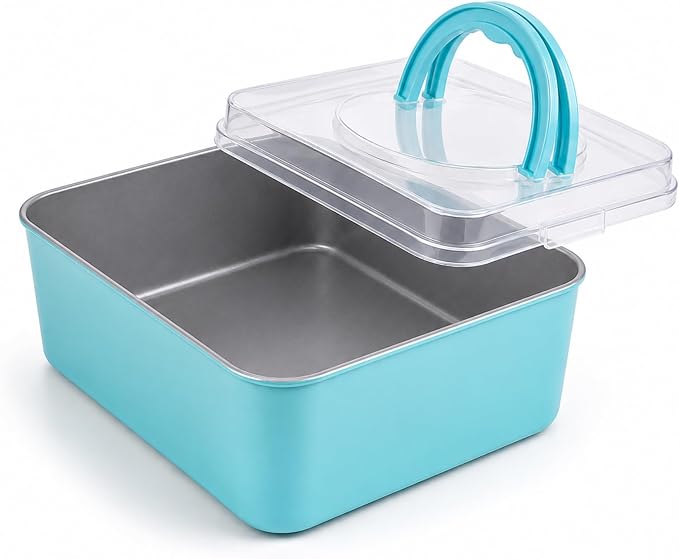 9 Inch Square Cake Pan with Snap-Lock Lid, Nonstick Carbon Steel Brownie Pan with Foldable Handle, PTFE & PFOA Free, for Brownies Bars Casseroles
