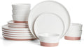 Sweese Plates and Bowls Set, Porcelain Dinnerware Sets for 6, 18 Pieces Handcrafted Glaze Dishes, Chip and Scratch Resistant, Microwave Oven & Dishwasher Safe Dishwasher Safe, White & Pink ﻿