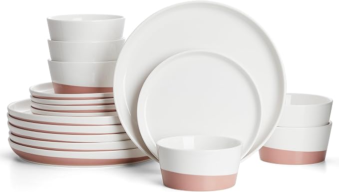 Sweese Plates and Bowls Set, Porcelain Dinnerware Sets for 6, 18 Pieces Handcrafted Glaze Dishes, Chip and Scratch Resistant, Microwave Oven & Dishwasher Safe Dishwasher Safe, White & Pink ﻿