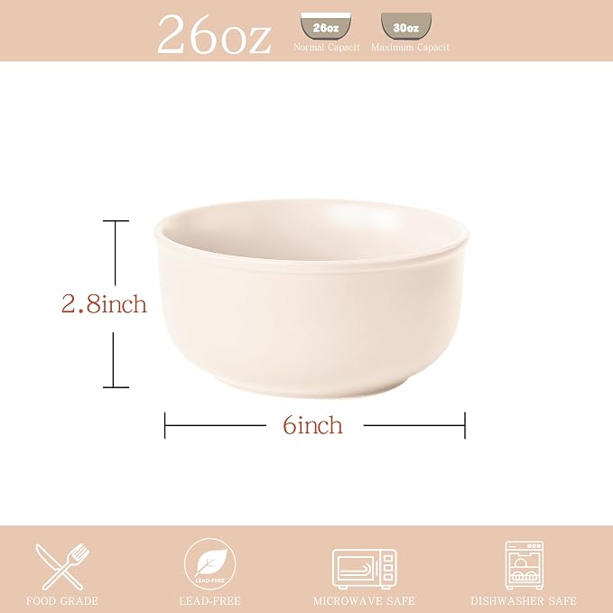Timeworn Clay Cereal Bowls, Set of 4, 6-Inch, Creamy White | Hand-Finished Stoneware, Farmhouse Style, Microwave Safe, Dishwasher Safe