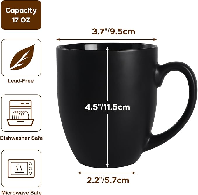 16 OZ Black Stoneware Mugs Set of 6, Large Ceramic Coffee Cups with Handle, Porcelain Mugs for Latte, Milk, Tea and Juice