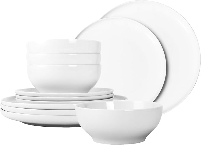 Porcelain Dinnerware Set 12-Piece Service for 4 Lightweight, Chip Resistant, Ceramic Plates Bowls Set Oven, Microwave, Dishwasher Safe, Scratch-Resistant (Porcelain Set, Piece, 12)