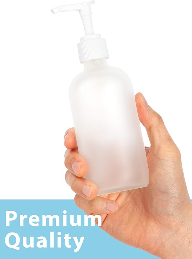 JUVITUS 8 oz Frosted Clear Glass Boston Round Bottle with White Lotion Pump (12 Pack)