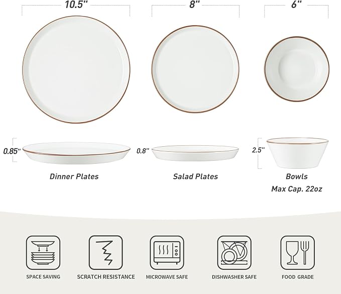 Famiware Saturn Dinnerware Sets, Speckled Plates and Bowls Sets for 4, 12 Pieces Stoneware Dish Set - Chip and Scratch Resistant, Microwave and Dishwasher Safe Tableware Set, White with Rim