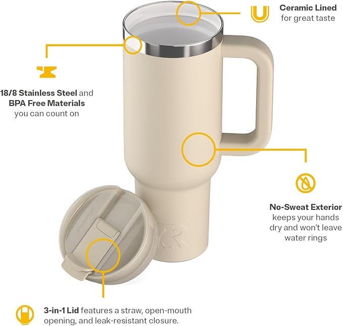 RTIC 40 oz Road Trip Tumbler Double-Walled Cermaic Lined Insulated Stainless Steel Portable Travel Coffee Mug Cup with Lid, Handle and Straw, Beach