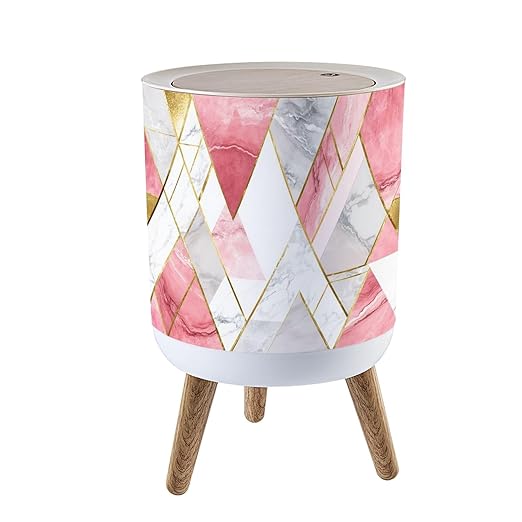 Trash Can with Lid seamless geometric lines rose gold gray pink marble triangles Modern Press Top Round Small Garbage Bin with Wooden Legs Waste Basket for Kitchen Bedroom Nursery 7L/1.8 Gallon