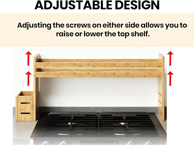 Over The Stove Shelf Wooden,Bamboo Spice Rack for Above the Kitchen Hob,31.5-inch Spice Storage Rack,Height-Adjustable, 50-pound Weight Capacity, Easy to Assemble (Wood colour)