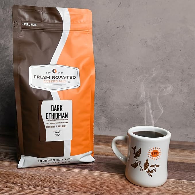 Fresh Roasted Coffee, Dark Ethiopian Yirgacheffe Kochere Whole Bean Coffee, Dark Roast, Kosher, 5 lb (80 oz)