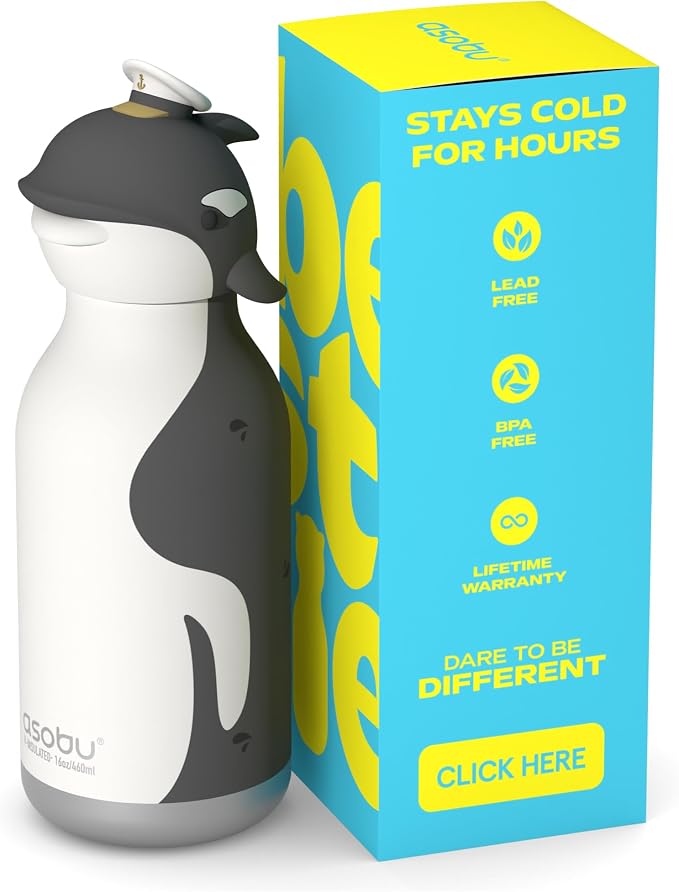 asobu Bestie Bottle Limited Edition Collectible Kids Water Bottle with Animal Character Lid 16oz (460ml) Insulated Stainless Steel, Leakproof, Reusable with Straw Fun Gift for Girls & Boys