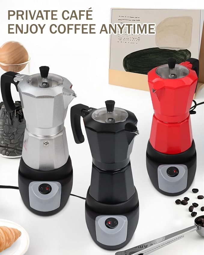 Electric Moka Pot with Detachable Base Aluminum Espresso Maker 10oz 6 Cup 300ml Black Italian Coffee Maker for Kitchen Home 110V