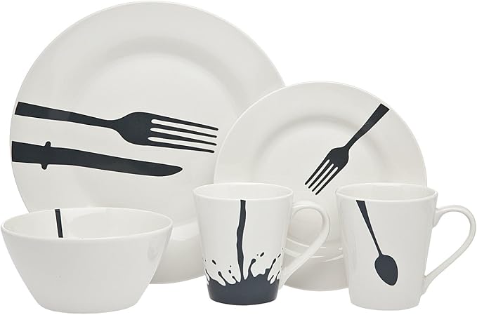 Godinger Dinnerware Set, Dinner Plates, Salad & Appetizer Plates, Cereal Bowl & Coffee Mugs, Porcelain Dinnerware, Acme Collection, 16 Piece Set