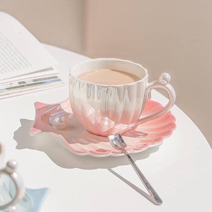 Pearl Shell Cup and Saucer - 8oz Gradient Ceramic Coffee Mug, Vintage Tea, Cappuccino, Latte Art for Birthday Gift (Gradient Pink)