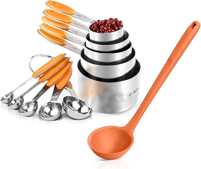 U-Taste 10 Piece Measuring Cups and Spoons Set in 18/8 Stainless Steel, and 600ºF Heat Resistant 13 inch Large Non-Stick Silicone Soup Ladle (Orange)