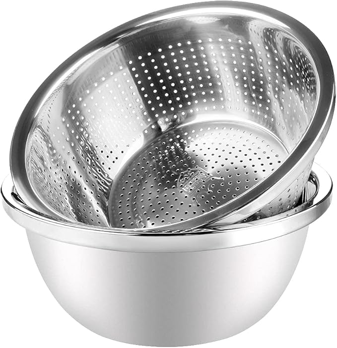 Linkidea 304 Stainless Steel Colander with Bowl Set of 2, Kitchen Strainer, Washer, Drainer Basket with Basin for Vegetable, Fruits, Pasta, Salad Mixing, Food Prep, Heavy Duty & Dishwasher Safe
