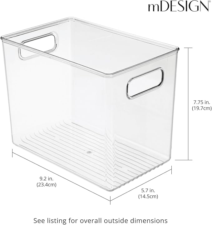 mDesign Plastic Deep Kitchen and Pantry Organizer Storage Bin with Handles for Cabinet, Fridge, Freezer - Food Storage Containers for Snacks, Yogurt Pouches or Fruit, Ligne Collection, 4 Pack, Clear