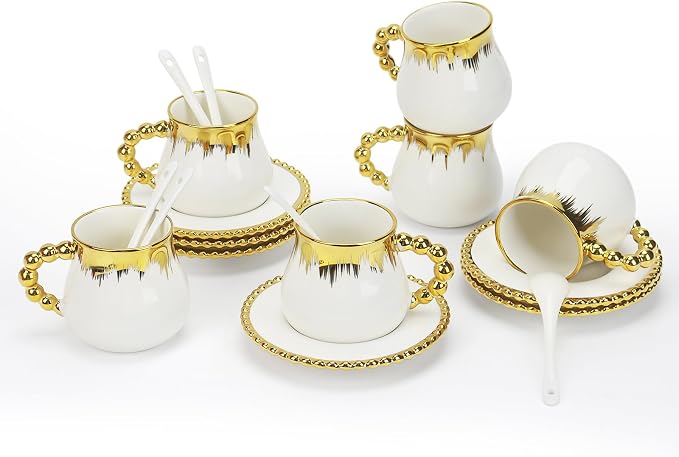 Espresso Cups Set of 4, 8 oz Ceramic Coffee Cup and Saucer Set with Spoons, Gold Trim Coffee Cup Mugs for Latte, Mocha, Tea, Au Lait, Flat White, Dishwasher & Microwave Safe