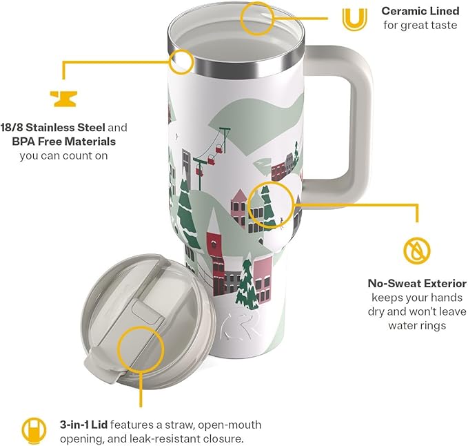 RTIC 40 oz Road Trip Tumbler Double-Walled Cermaic Lined Insulated Stainless Steel Portable Travel Coffee Mug Cup with Lid, Handle and Straw, Apres Ski