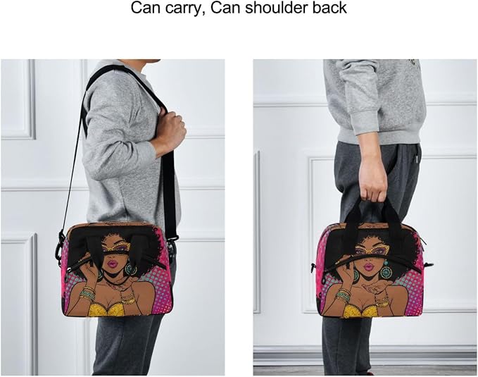 Reusable Lunch Bag for Girls Women,Young African American Woman With Lips Lunch Box Container with Detachable Shoulder Strap,Insulated Lunch Coolers for School Office