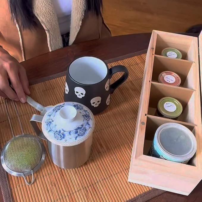 Bamboo Tea Organizer Box Chemical Free Eco-Friendly Big, Tall, Adjustable Cubbies Natural Wooden Storage Chest (4-Slot Rectangle 14.3"x 4.4" x 4.2" with TEA print design)