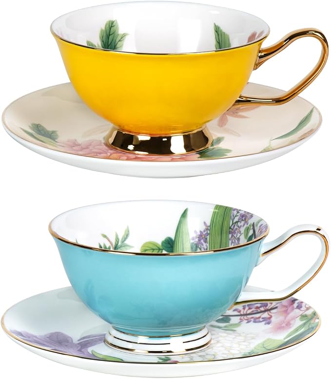 KAMMAK Tea Cups and Saucers Set of 2, Porcelain Coffee Cups, Stackable Espresso Mugs, Ceramic Demitasse for Coffee, Cappuccino, Latte, Americano, Tea, Peony + Hydrangea