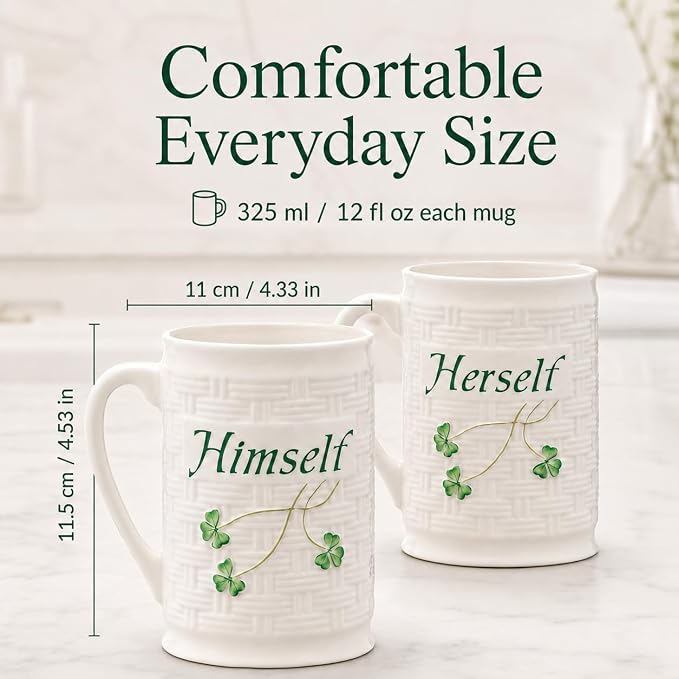 Belleek Classic Himself & Herself 12 oz Irish Coffee Mug Set, Handcrafted Parian China Cups, Shamrock Design, Set of 2, White