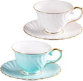 KAMMAK Tea Cups and Saucers Set of 2, Fine Bone China Coffee Cups, Stackable Espresso Mugs, Ceramic Demitasse for Coffee, Cappuccino, Latte, Americano, Tea, Sea Treasure (White + Blue)