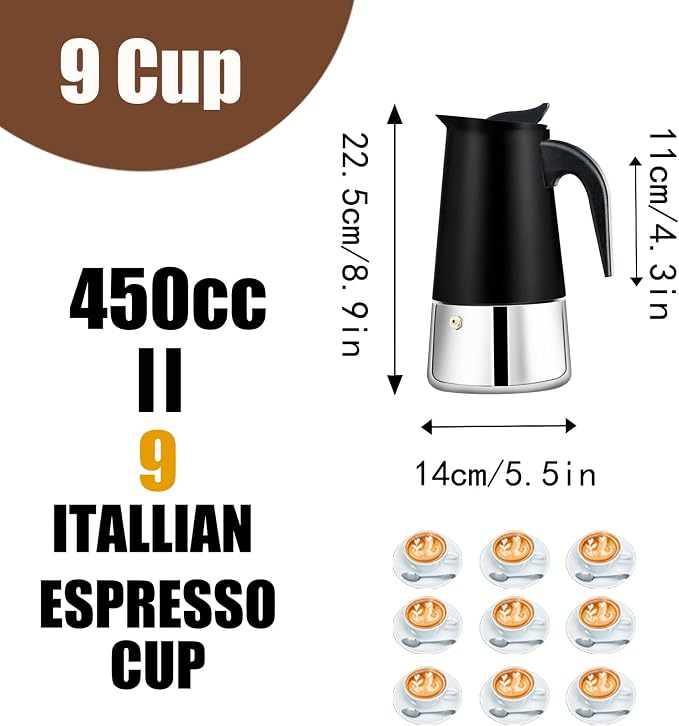 9 Cup Stovetop Espresso Maker Stainless Steel Moka Pot Stove Top Percolator Italian Coffee Makers Capable Mocha Greca Machine Cafe Classic Induction Cookers for Home and Camping 450ml 15oz