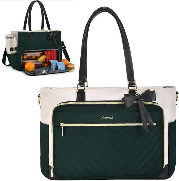 LOVEVOOK Lunch Bag, Insulated Lunch Tote Bag with Laptop Compartment, Large Capacity Work Tote, Water Reasistant Handbag Insulated Bag Leakproof for Teacher, Nurse, Dark Green-Beige-Black, 15.6 Inch