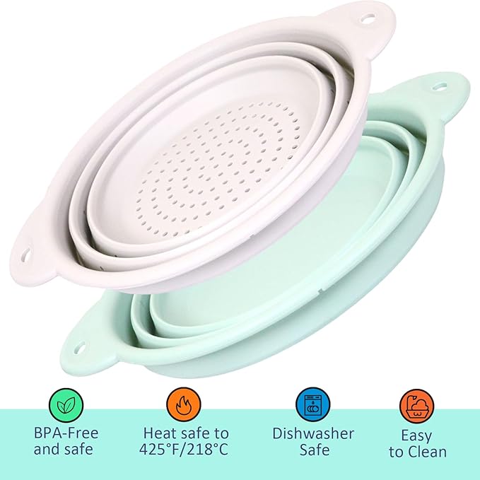 Collapsible Silicone Colander Basin Set, Thickened Strainer bowl, for Kitchen, RV, Camping, Draining Pasta, Washing Fruit, Vegetable