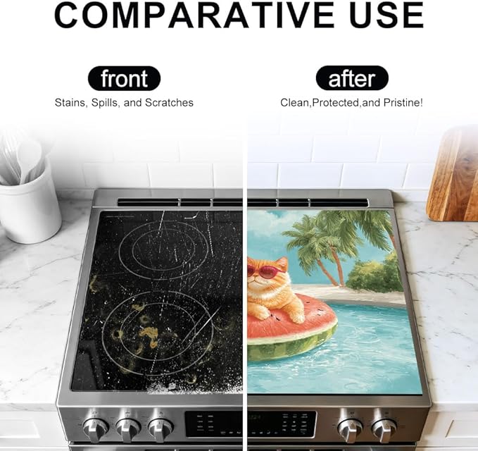 Stove Top Cover for Electric Stove 28.35 x 20.47 Inch Non Slip Stove Mat Summer Cat Pool Float Glass Cooktop Protector Kitchen Counter Mat