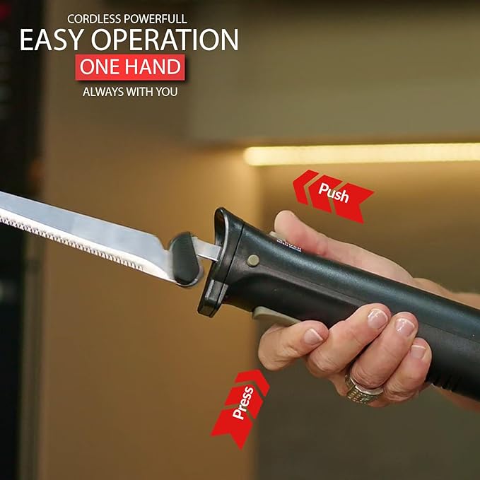 BEHNKE Cordless Electric Knife with 4 Serrated Blades, Rechargeable Carving Knife with Safety Lock Trigger, for Meats, Poultry & Bread, Black