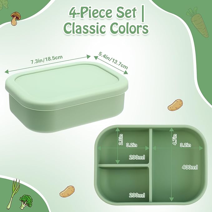 Honeydak 4 Pcs Silicone Bento Box for Adults, 3 Compartment Lunchable Food Container for Women Men, Leak Proof Microwave Dishwasher Freezer Safe (Olive Green)