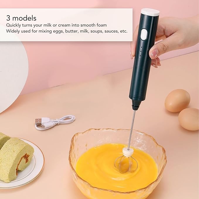 Mini Electric Stirrer Cordless Rechargeable Milk Frother 3 Speed Handheld Mixer Wand with 2 Eggbeater Heads for Coffee Home Kitchen Blackish Green