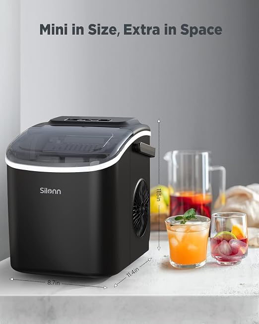 Silonn Countertop Ice Maker, 9 Cubes Ready in 6 Mins, 26lbs in 24Hrs, Self-Cleaning Ice Machine with Ice Scoop and Basket, 2 Sizes of Bullet Ice for Home Kitchen Office Bar Party, Black