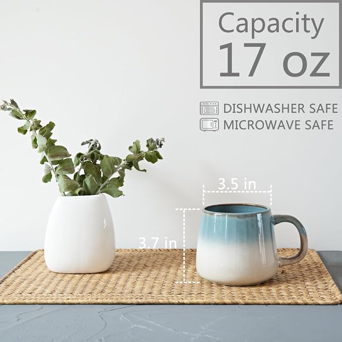 Bosmarlin Ceramic Coffee Mug Set of 4, 17 Oz, Coffee Cups with Big Handle, Microwave and Dishwasher Safe (Teal)