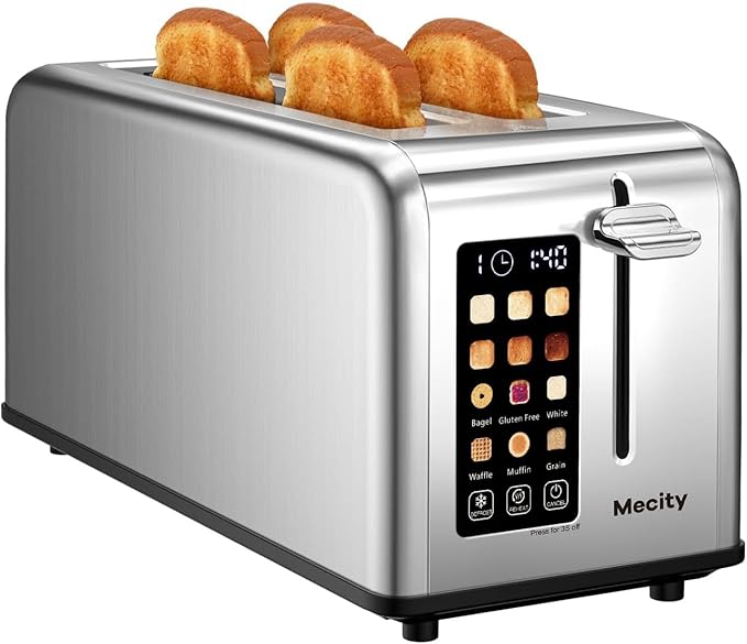 Mecity Touchscreen Toaster, 2 Long Slots for 4 Slices, Digital Bread & Browning Control, Stainless Steel Slim Toaster with Bagel, Gluten-Free, Defrost & Reheat, 120V, 1400W