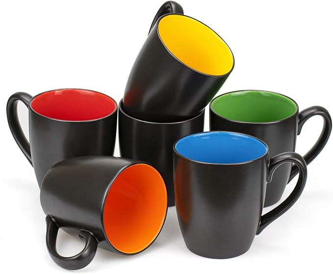 Foraineam Set of 6 Coffee Mugs 16 Ounces Matte Black Porcelain Mug Set Large-sized Ceramic Restaurant Drinking Cups for Coffee, Tea, Juice, Cocoa