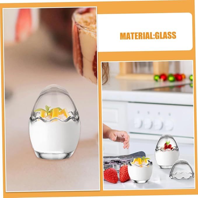 Cabilock 6pcs Heat Resistant Glass Egg Shaped Pudding Cups with Lids Reusable Transparent Yogurt Jars for Meal Prep Desserts and Snacks