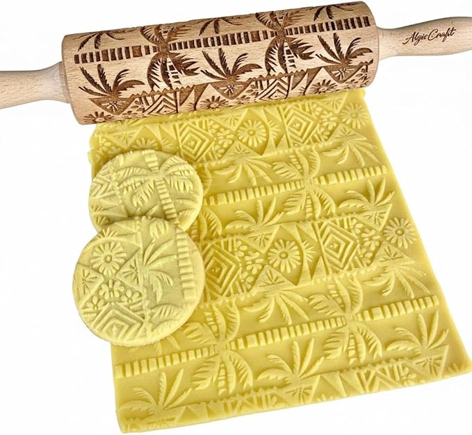 PALM TREE Embossing Rolling Pin with Tropical Pattern. Dough and Clay Roller for Embossed Cookies and Pottery. Cookie and Ceramic Stamp. Backing Gifts for Women by Algis Crafts