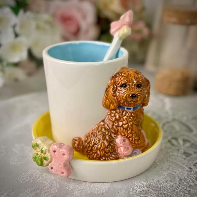 Ceramic Animal Coffee Mug Cup and Saucer Set，200ML(6.8OZ) 3D Hand-painted Tea Cup with Spoon (Reddish Brown)